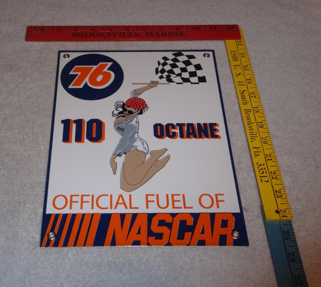 VINTAGE UNION 76 GASOLINE WOMAN +RACING FLAG 12" PORCELAIN METAL NASCAR OIL SIGN