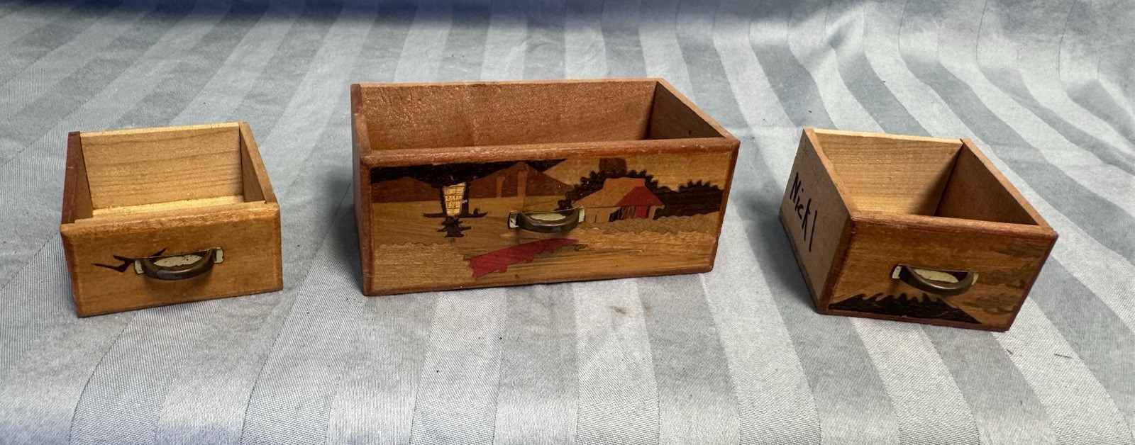 Japanese Vintage Wood Doll House Dresser Yosegi Marquetry Painted with Mirror