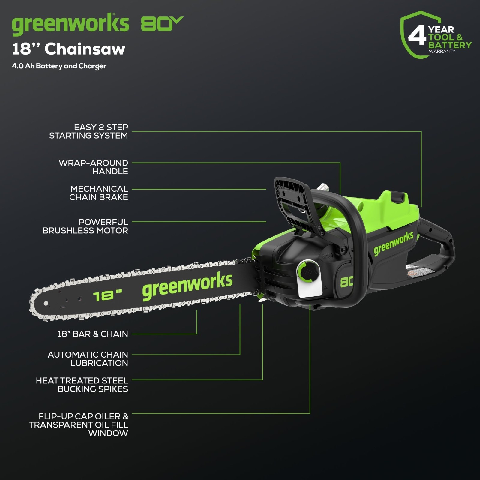 Greenworks 80V 18 inch Cordless Chainsaw 2500W with 4Ah Battery and 2A Charger
