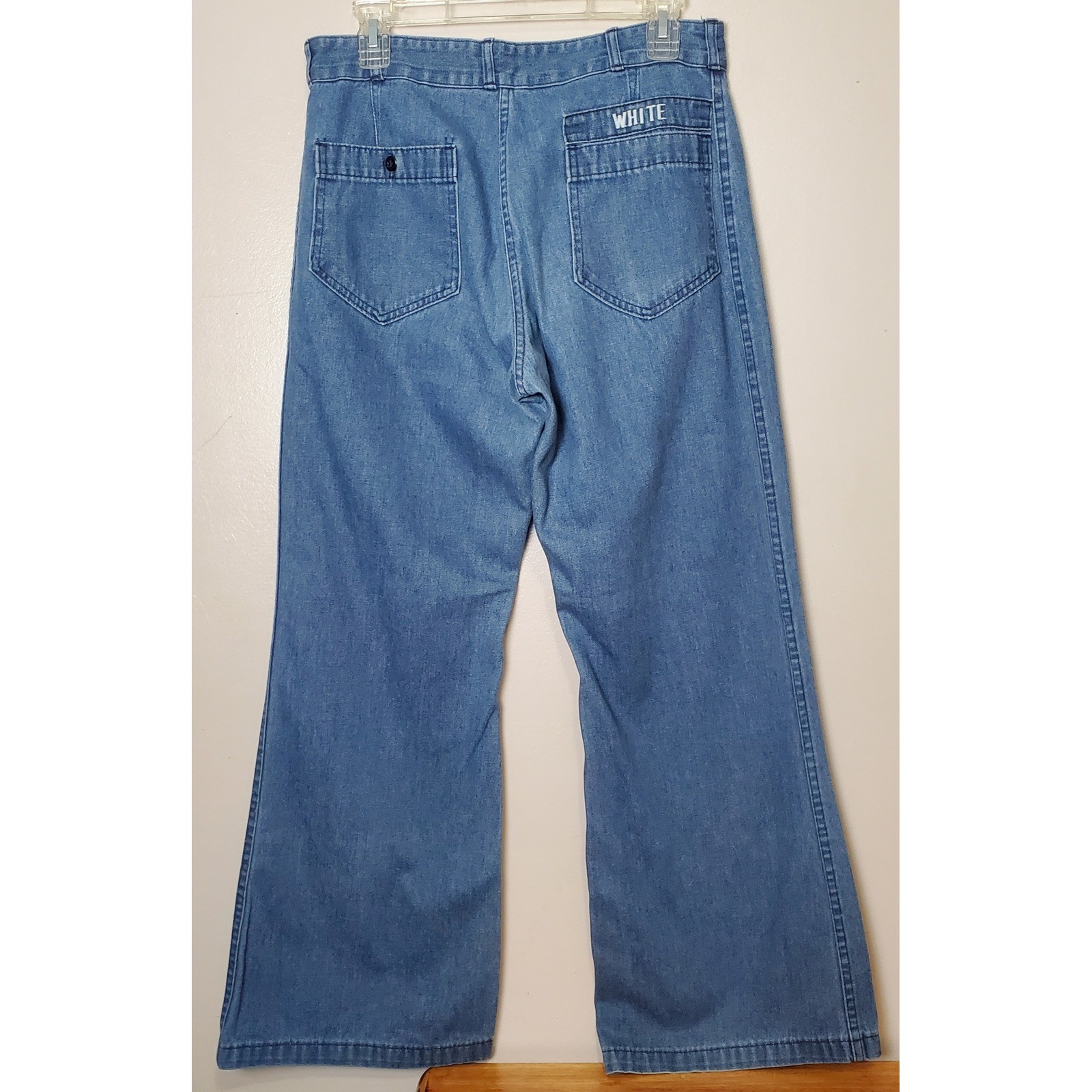 Vintage Navy Seafarer Dungaree Jeans Utility Trousers Bell Bottom Wide Leg 32x29