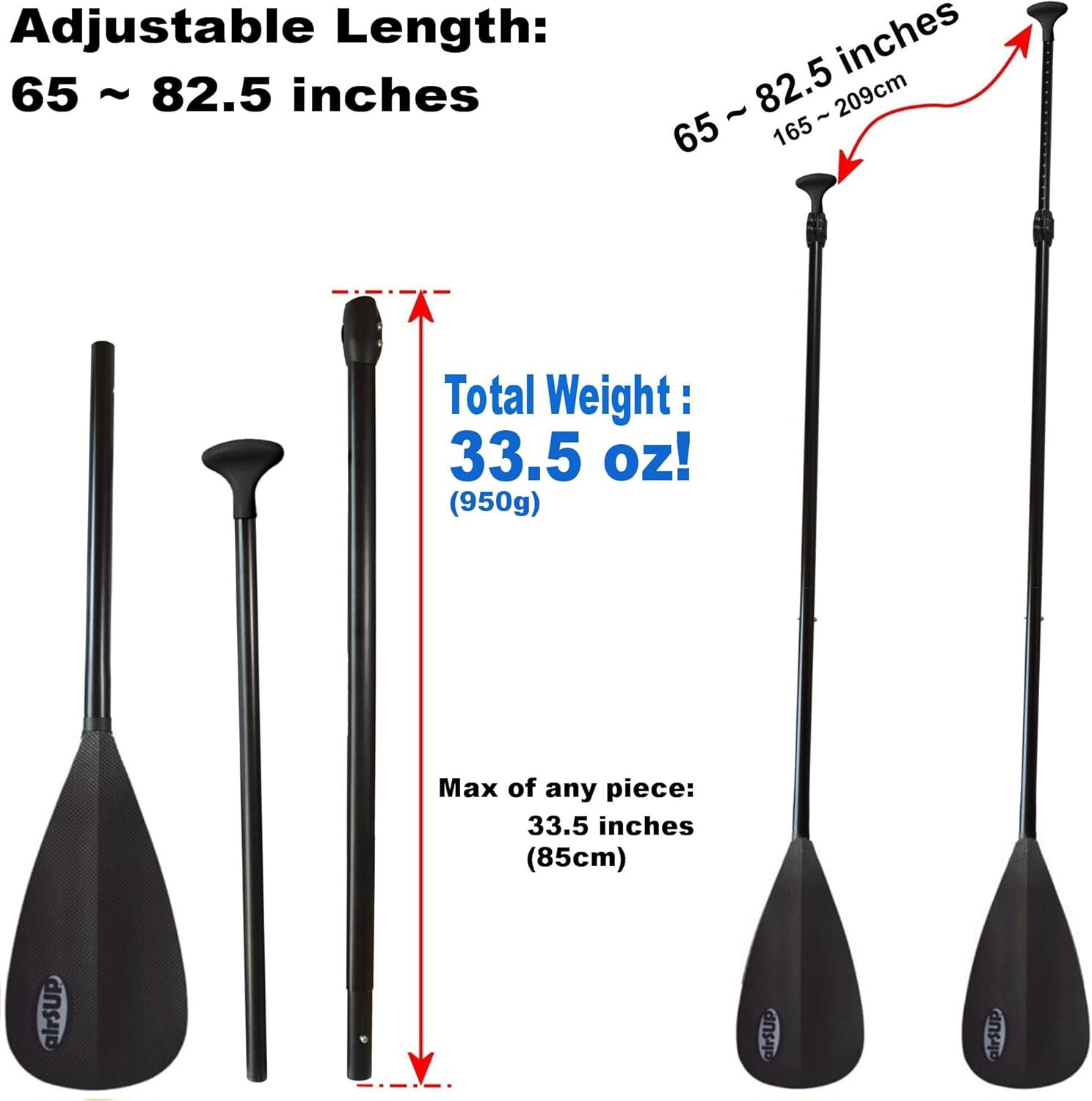 Tough 3 Piece Compact Paddle for Inflatable SUP Light 33oz NO TWIST carbon decal