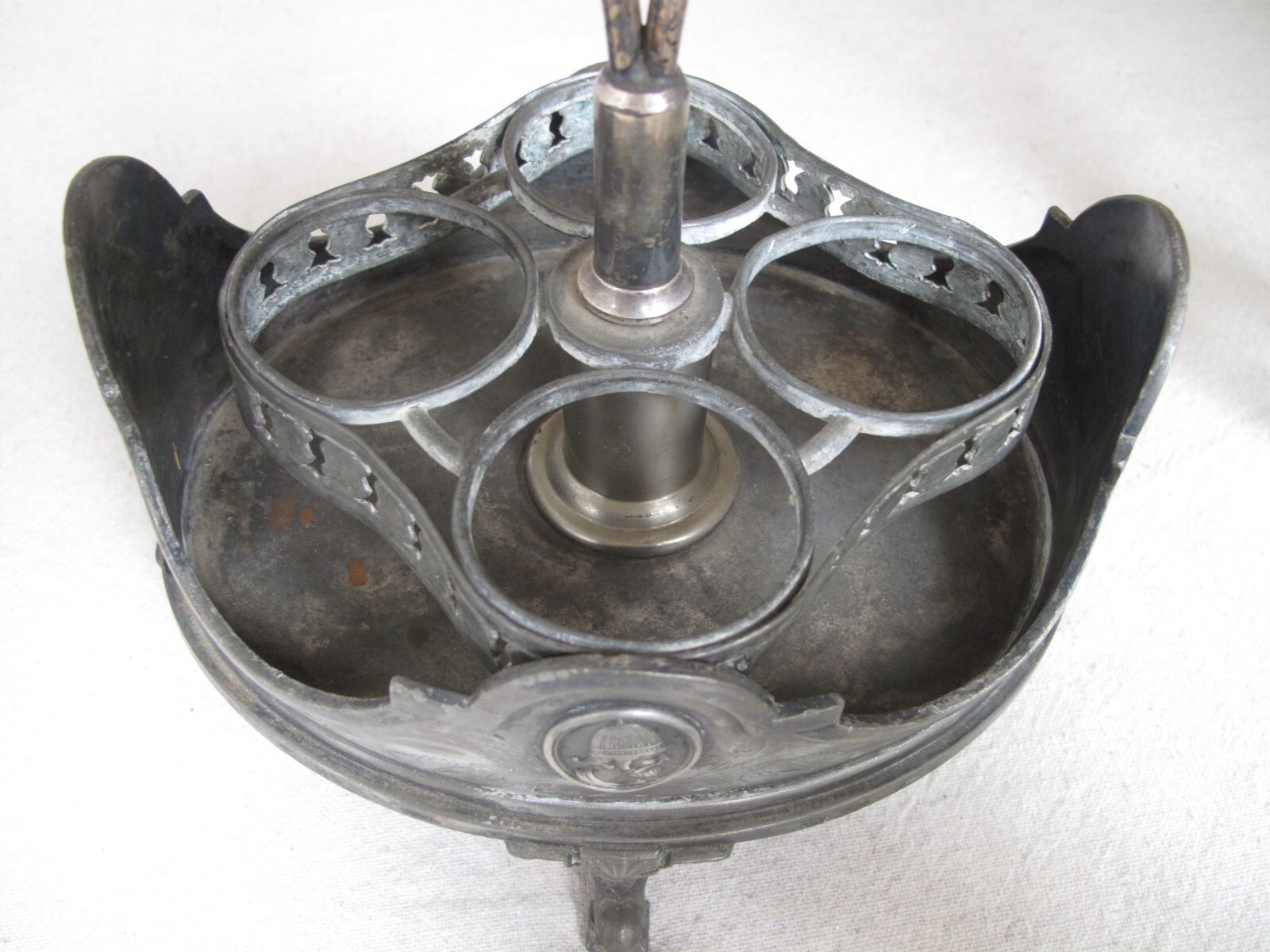 Antique SP Reed & Barton Cruet Castor Set Bell 4 Cut Glass Etched Bottles