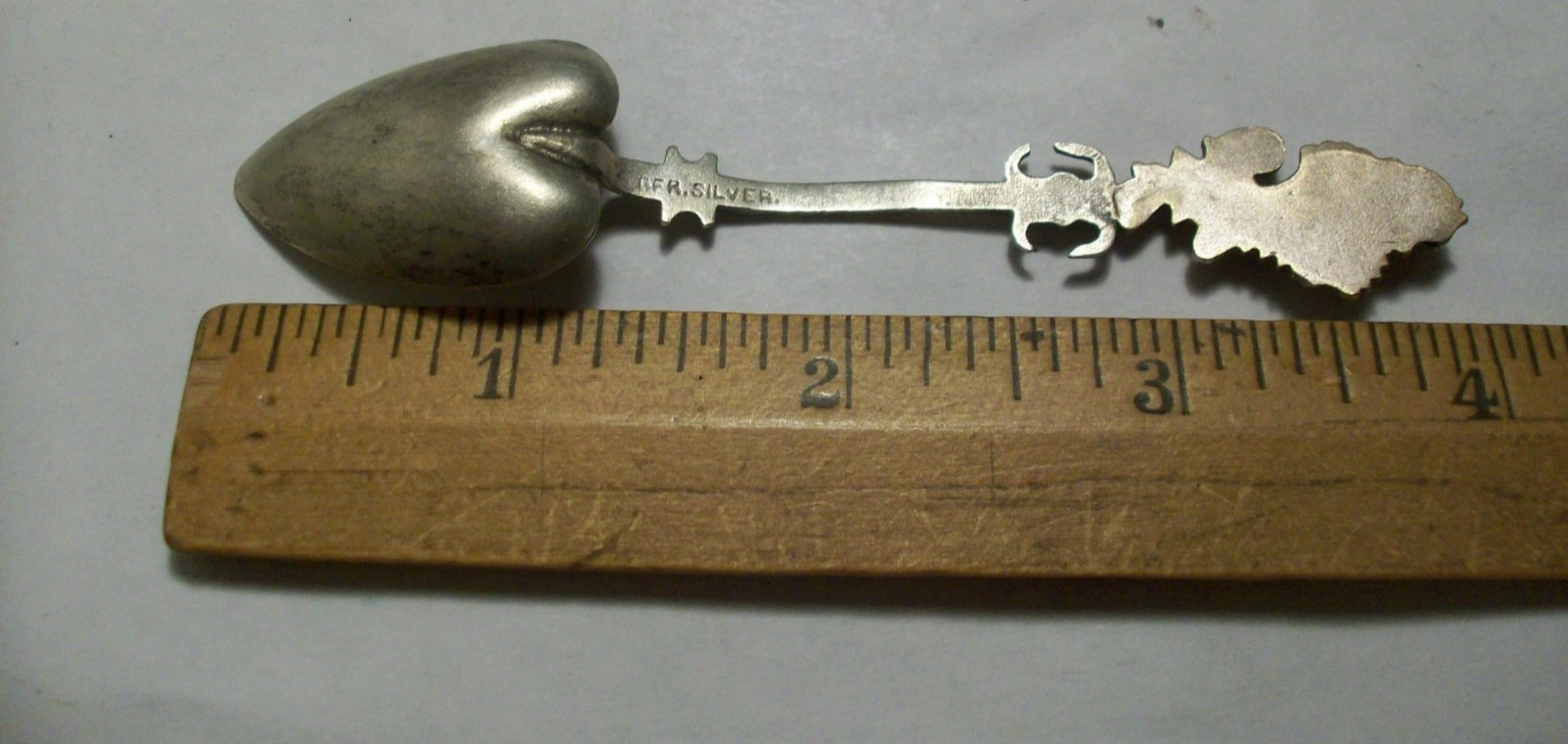 Antique German silver souvenir demitasse spoon heart bowl Queen lady handle top