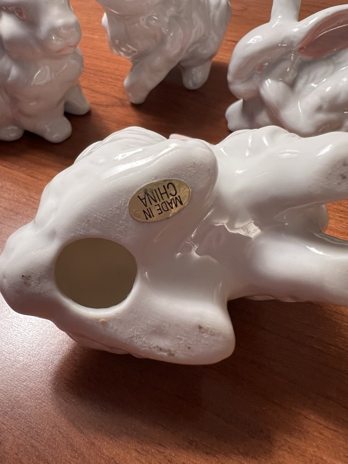 Set of 4 Vintage Ceramic White Bunnies with Pink Ears and Eyes