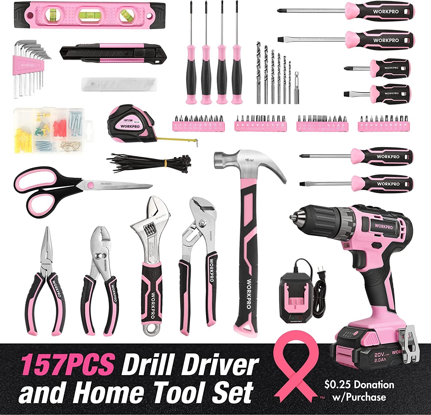 WORKPRO 157PC Home Tool Kit Drill Tool Set 20V Cordless Drill Gun Kit w/Tool Bag