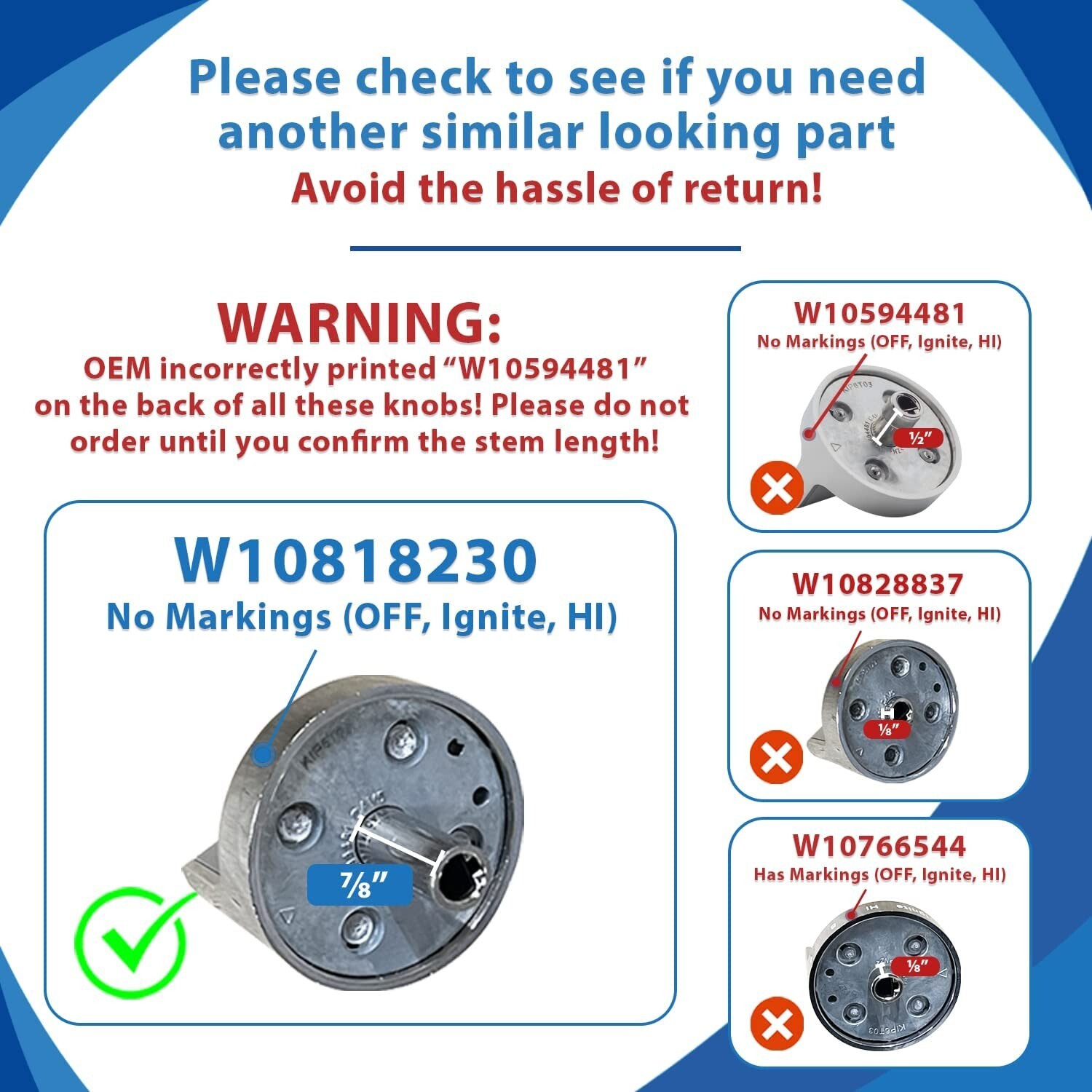 Surface Burner Knob W10818230 Compatible with Whirlpool Range