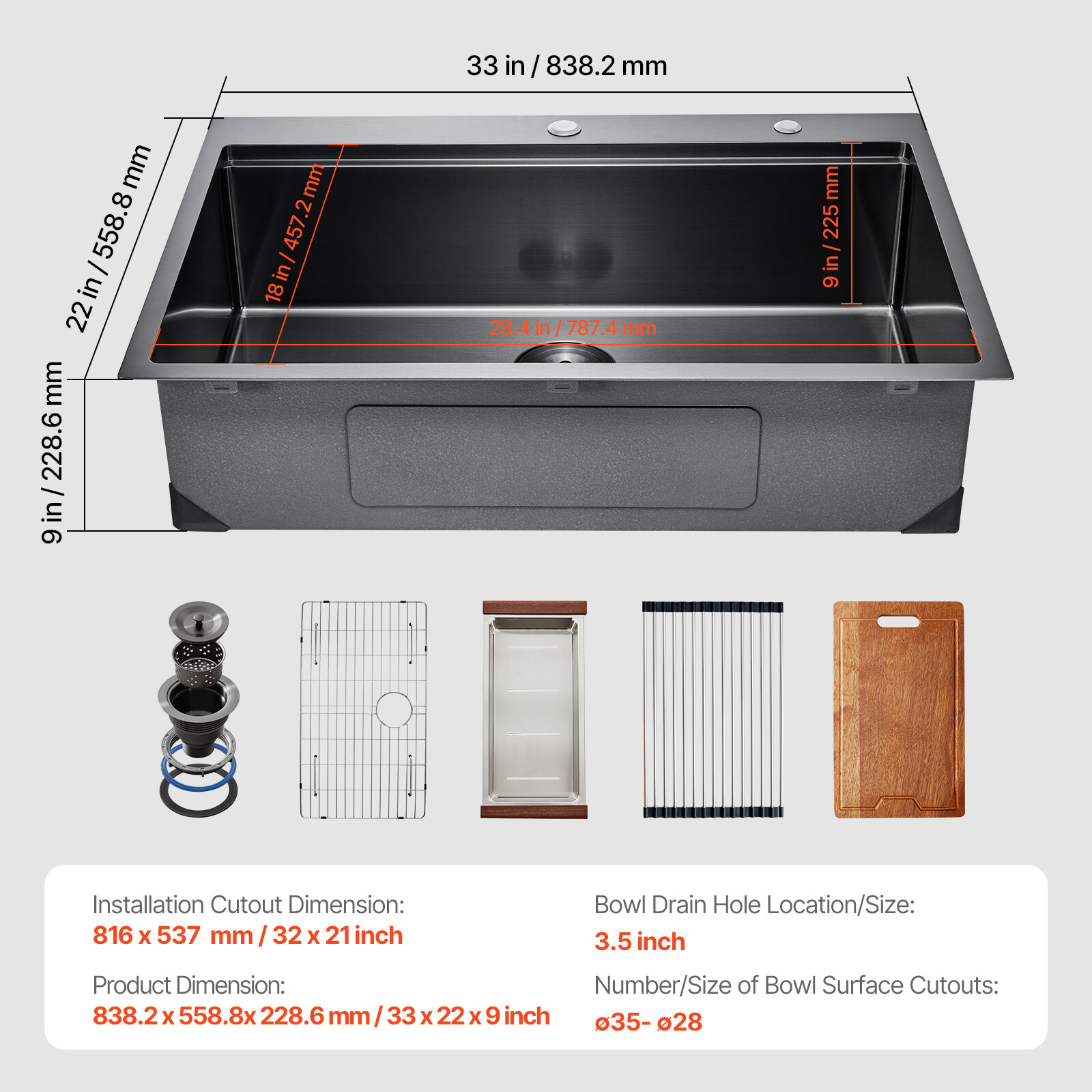 33" Drop In Kitchen Sink Top Mount Single Bowl Basin Stainless Steel Black