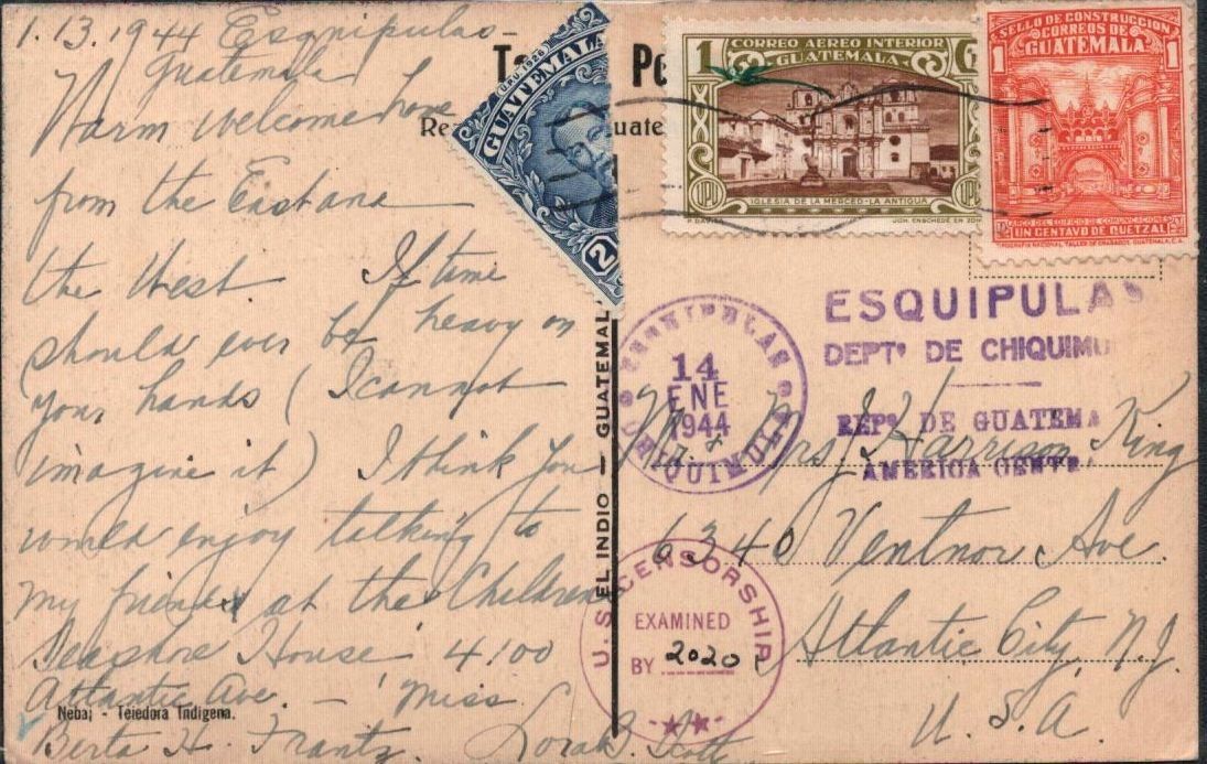1944 Guatemala Postcard - Censored - Esquipulas Postal Marking - Bisect