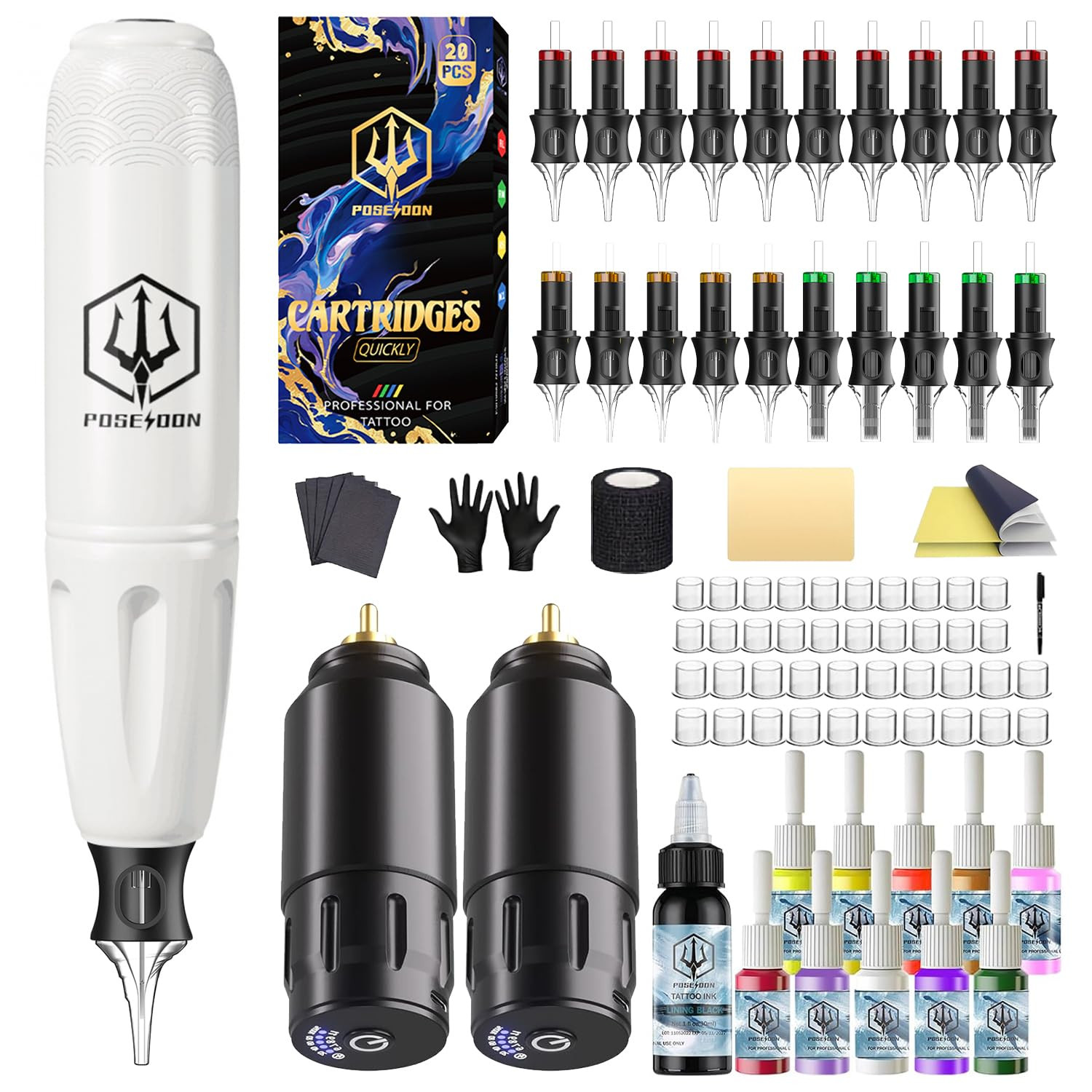 Wireless Rotary Tattoo Machine Kit with 20 Tattoo Cartridge Needles, Ink Set & 2