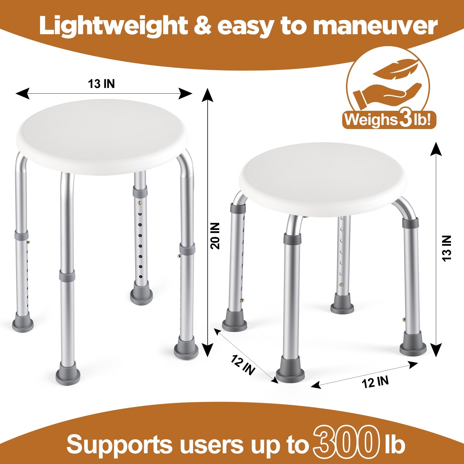 Adjustable Shower Chair Bath Seat Stool for Elderly, 300 lb
