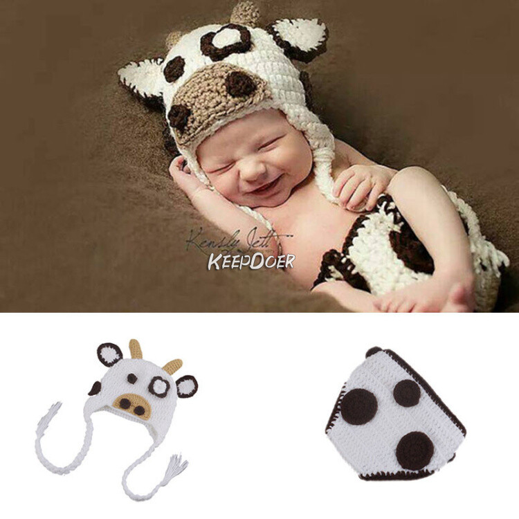 Newborn Baby Kids Knit Clothing Cow Shorts Hat Crochet Photography Studio Props