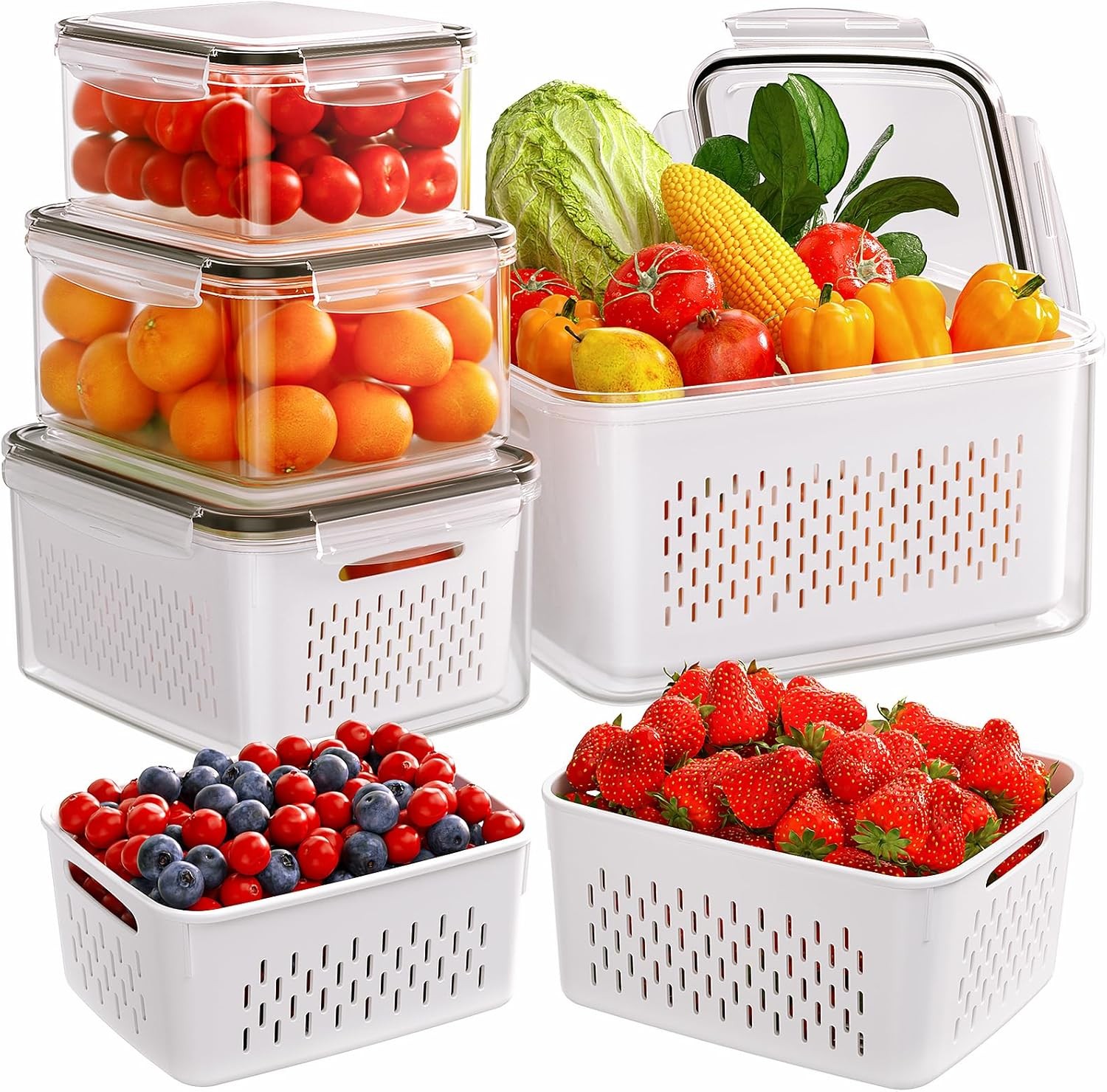 5-Piece Set, 4-in-1 Lidded Fruit & Vegetable Storage Containers, Leak-Proof
