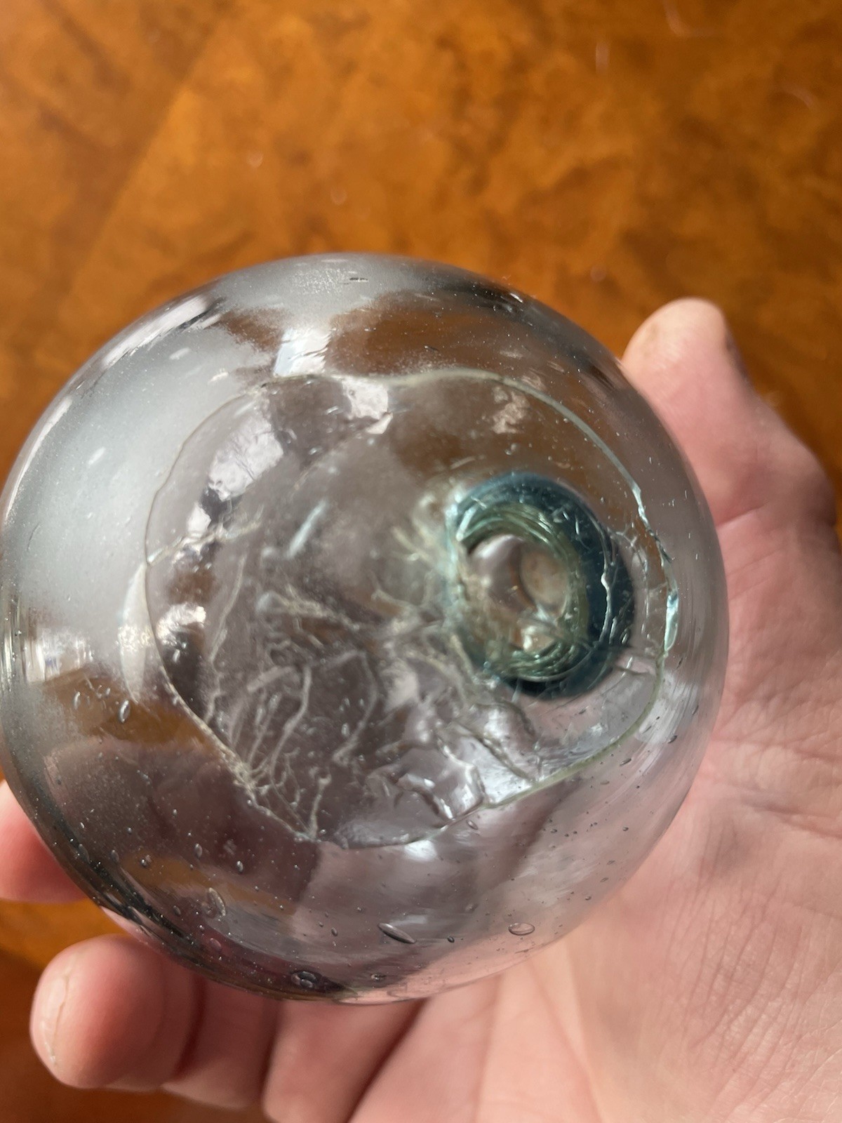 Antique Glass Fish Net Float With Rope Marks Teal Blue Color Wide Pontil