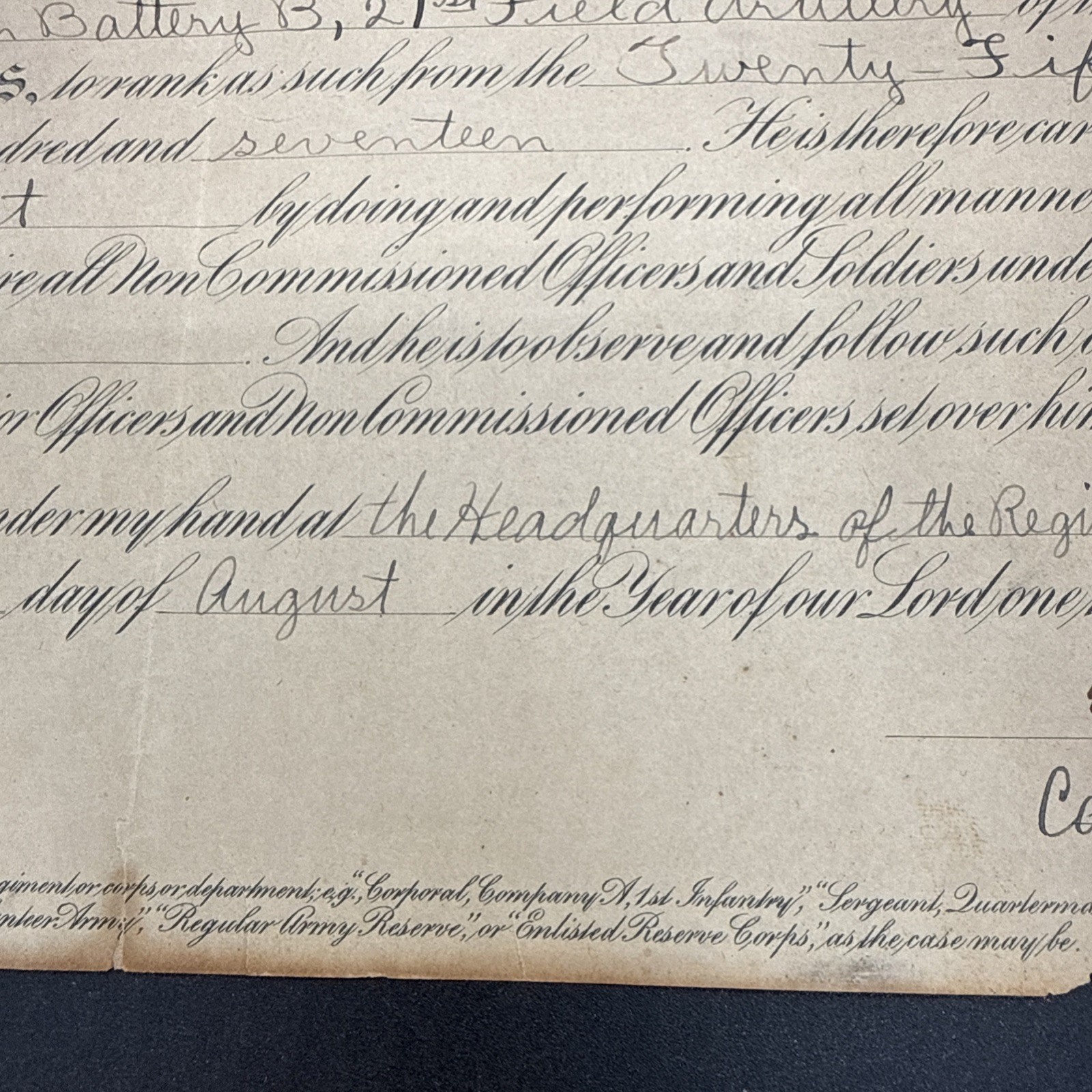 WWI 1917 5th Infantry Division 21st Field Artillery promotion certificate AEF