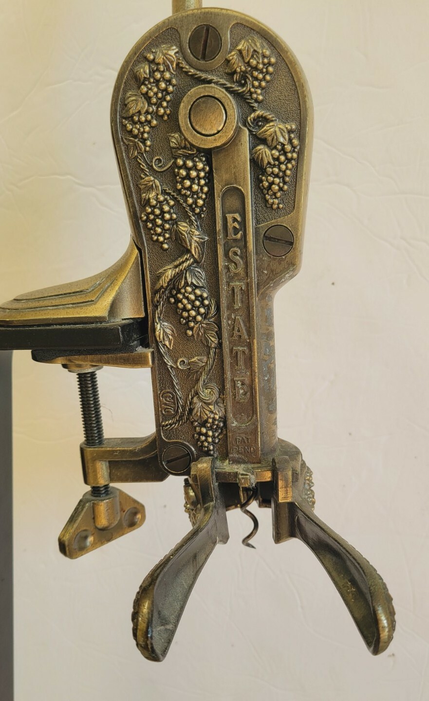 Rogar Estate Antique Brass Table Top Wine Bottle Opener w/ Wood Stand Corkscrew