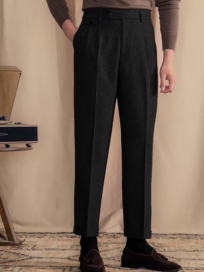 Herringbone Mens Dress Pants Pleated Straight Leg Formal Pants for Work Wedding