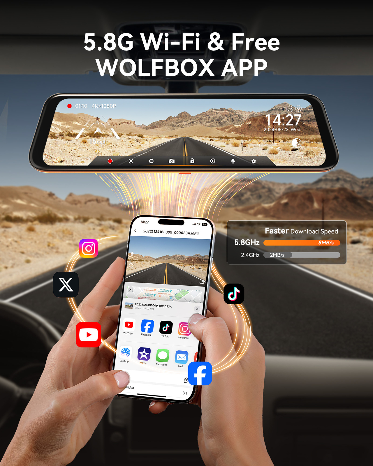 WOLFBOX 4K 12" Mirror Dash Cam Front and Rear Inside, 5G WiFi, Free 64GB SD