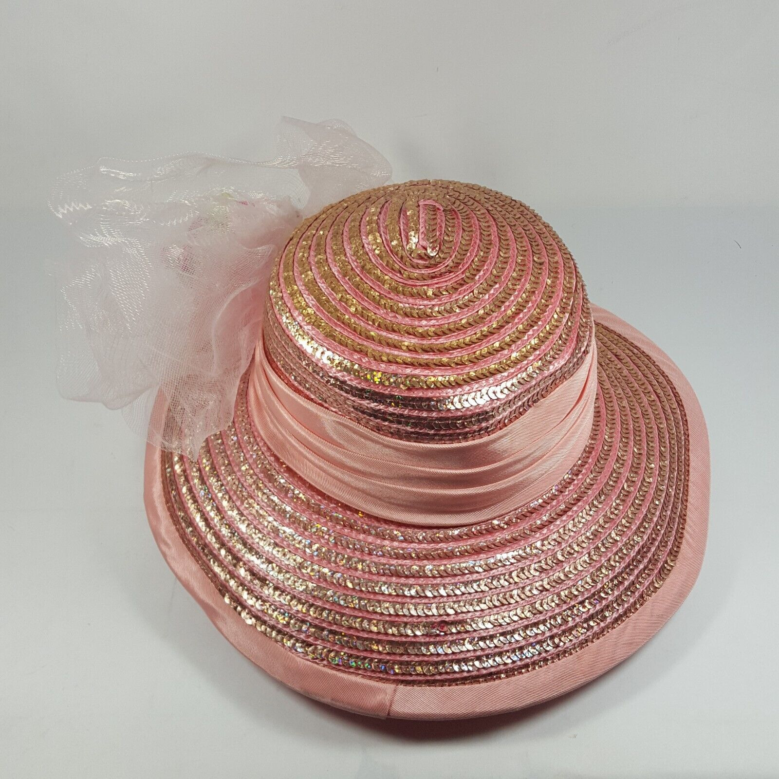 Vintage Whittall Shon Womens Cartwheel Sun Hat Pink Gold Floral Flower Sequin