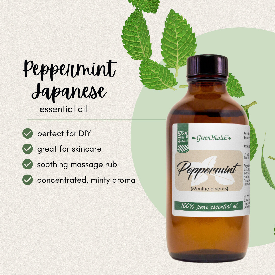 Peppermint Essential Oil 4 oz Pure Natural with 3 Free Droppers - GreenHealth