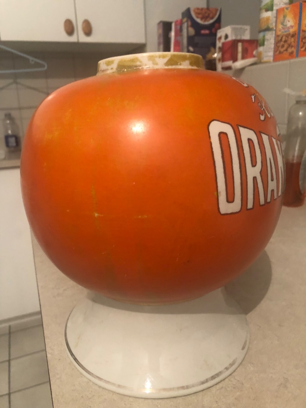 VINTAGE RARE c.1919 CERAMIC "HOWEL'S ORANGE-JULEP 5c" SODA FNT SYRUP DISPENSER