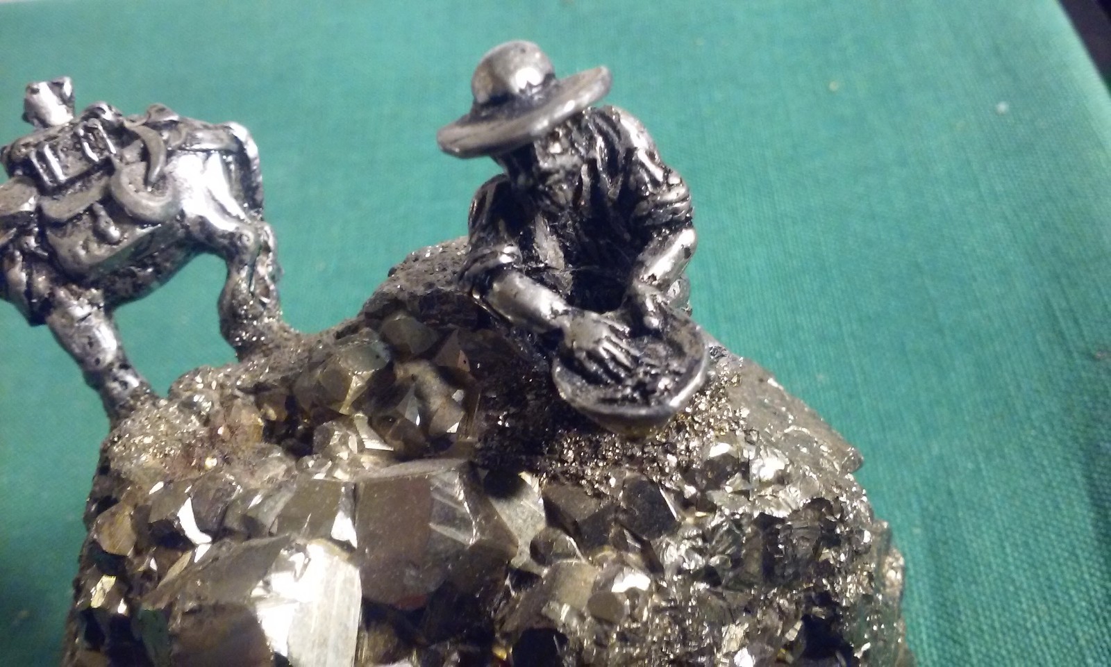 Pewter Gold Miner & Donkey Figure Panning on Pyrite Fool’s Gold Cluster Vintage
