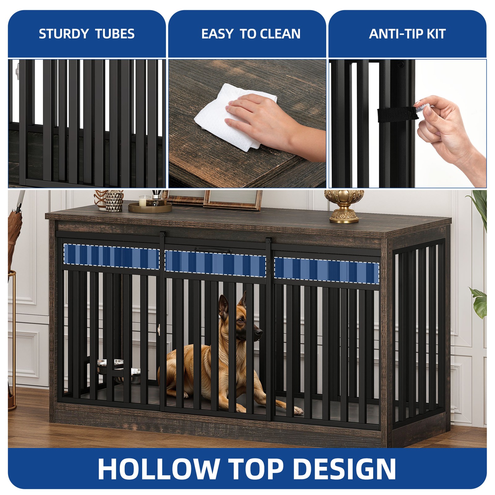 55" Extra Large Dog Crate Furniture Heavy Duty Metal Dog Kennel w/ Sliding Door