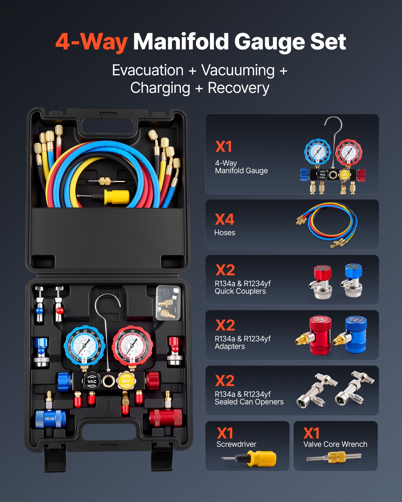 VEVOR AC Manifold Gauge Set 4-Way R134a R404A R1234yf R22 Refrigeration Charging