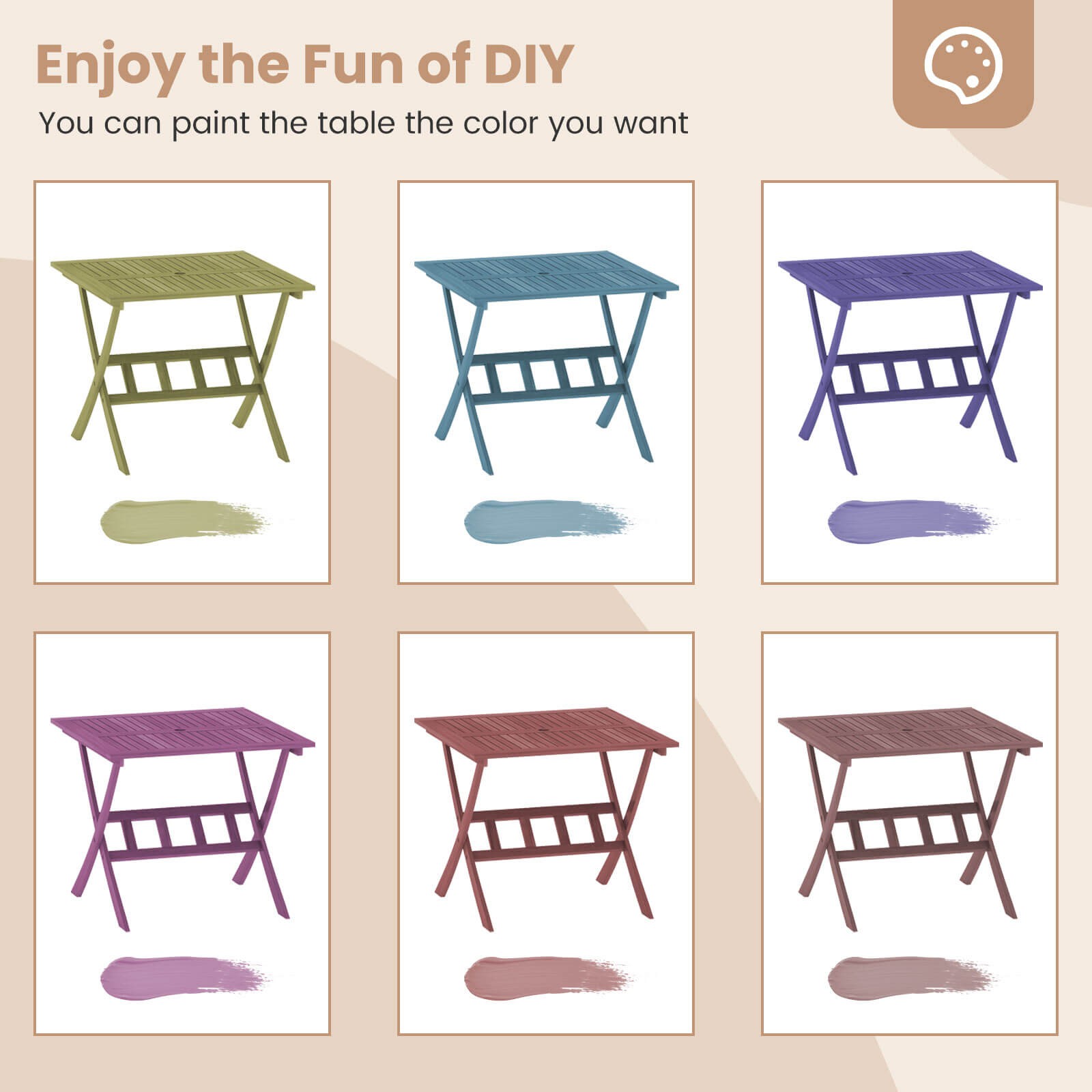 Acacia Wood Folding Table 36” Patio Dining Table with Slatted Tabletop