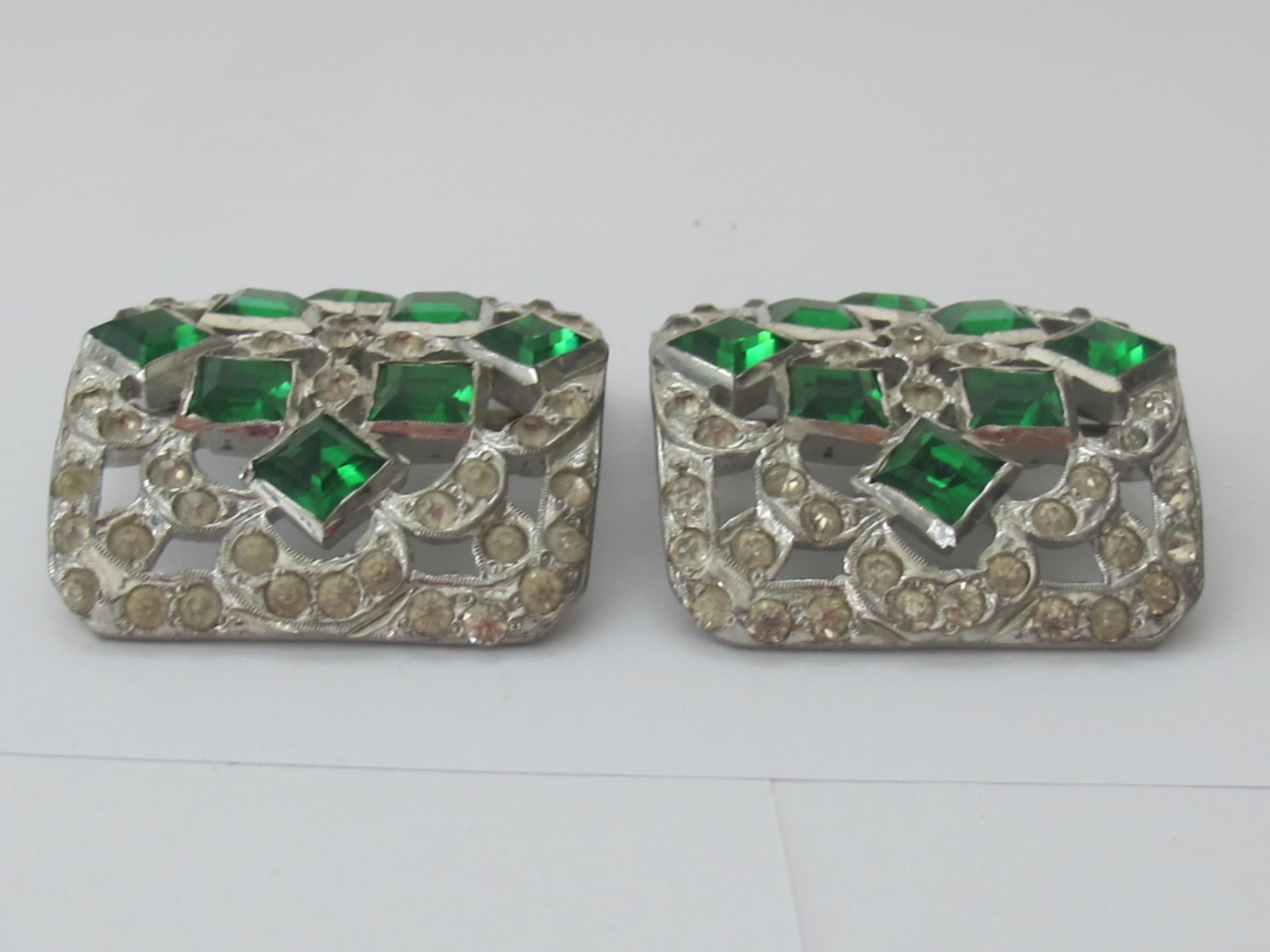 Antique Art Deco Rhinestone Clear & Green Shoe Clips Gorgeous C6