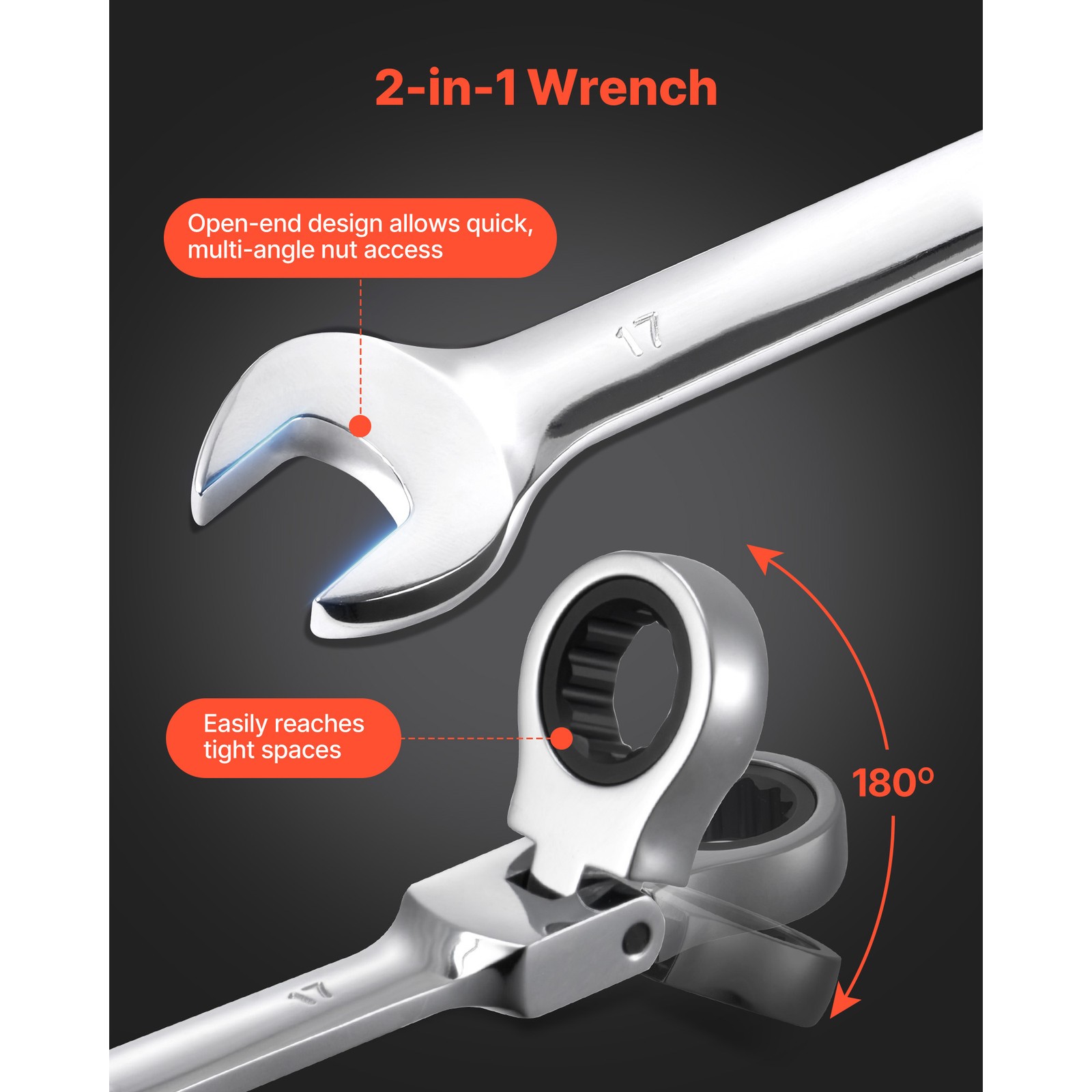 Uimoso 30-Piece Flex-Head Ratcheting Combination Wrench Set, SAE & Metric