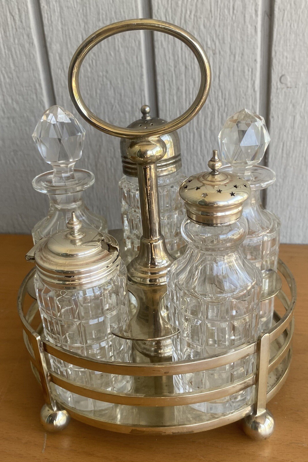 1887 Walker & Hall Victorian Silver Plate Antique Cut Crystal 6 pc Cruet Set