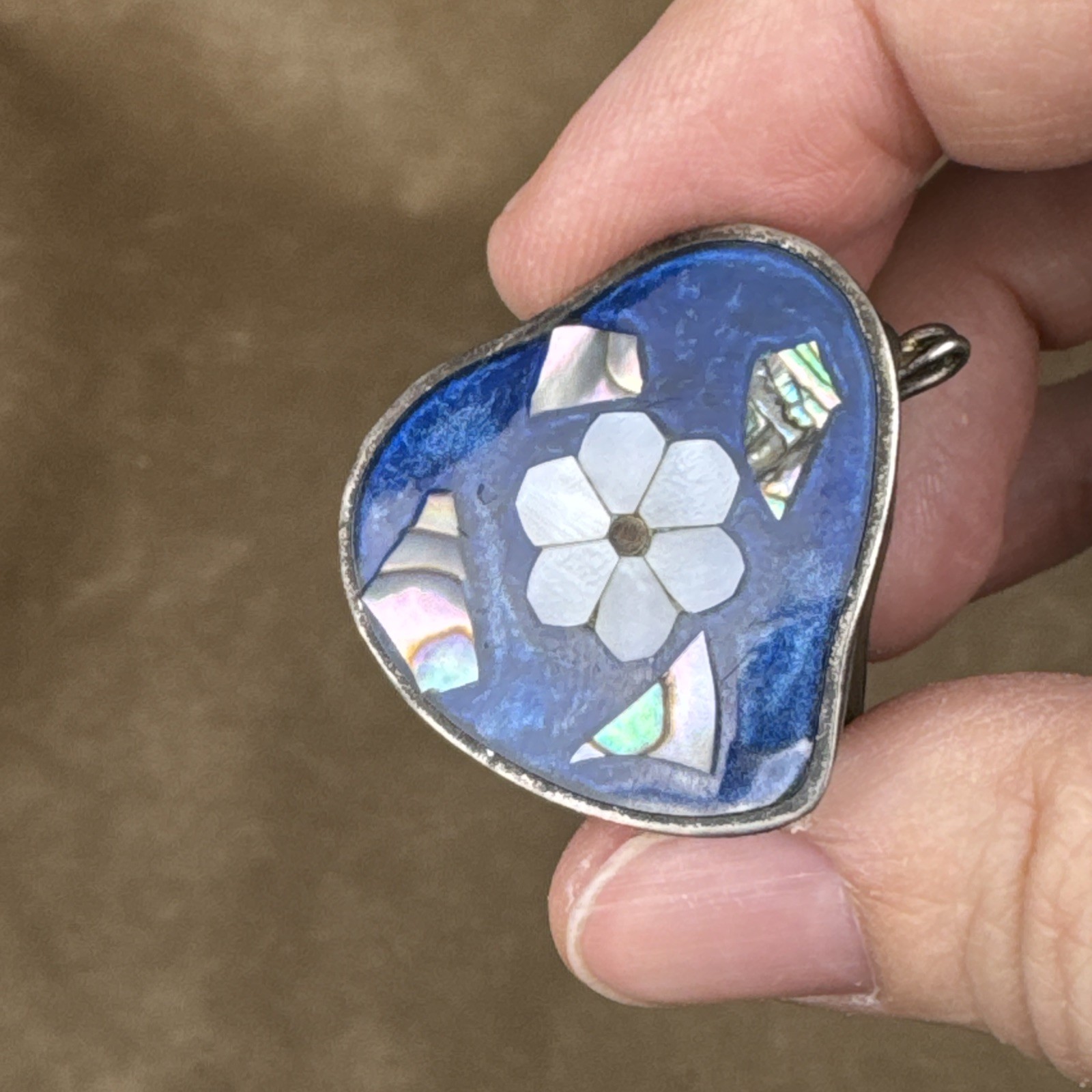 VTG Alpaca Mexico Silver Abalone Shell Inlay Pill Box Trinket-Flower Heart Daisy