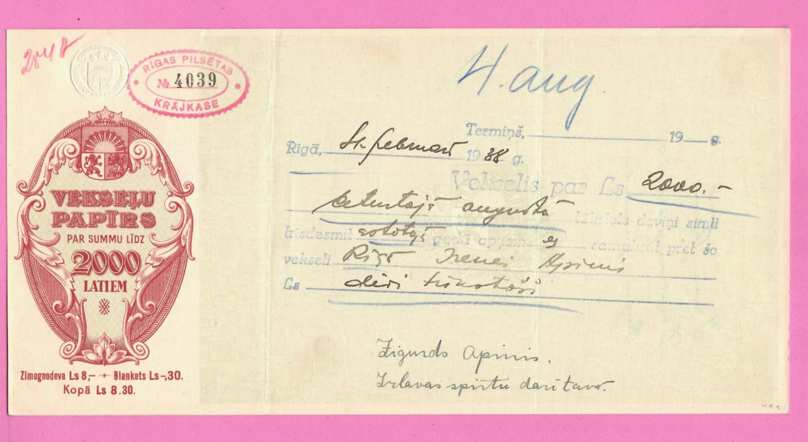 1938s LATVIA LETTLAND BILL OF EXCHANGE 2000 LATS 574
