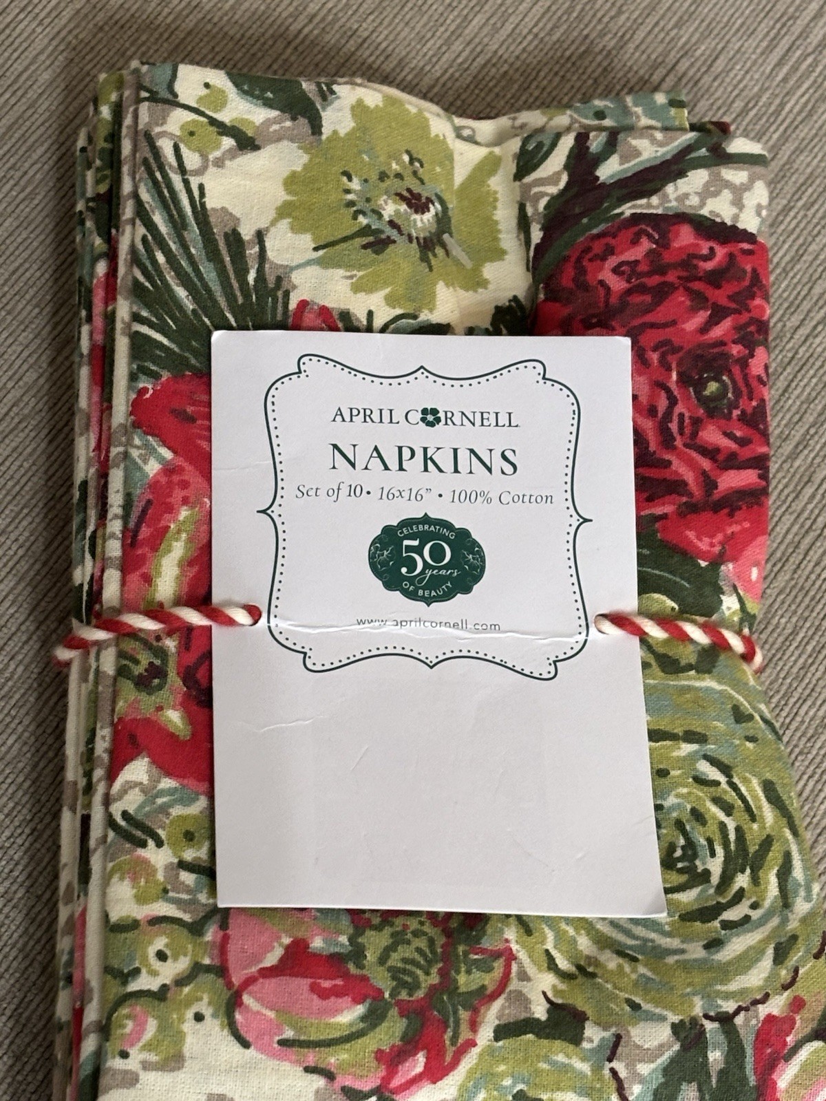Set of 10 APRIL CORNELL MERRY ANTIQUE Cotton Floral Holiday Square Napkins New