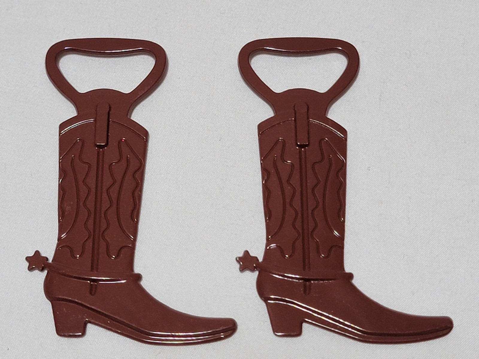 2 X Brown Cowboy Boot Bottle Openers Lot 3.5" Metal w/ Spurs top opener pair set