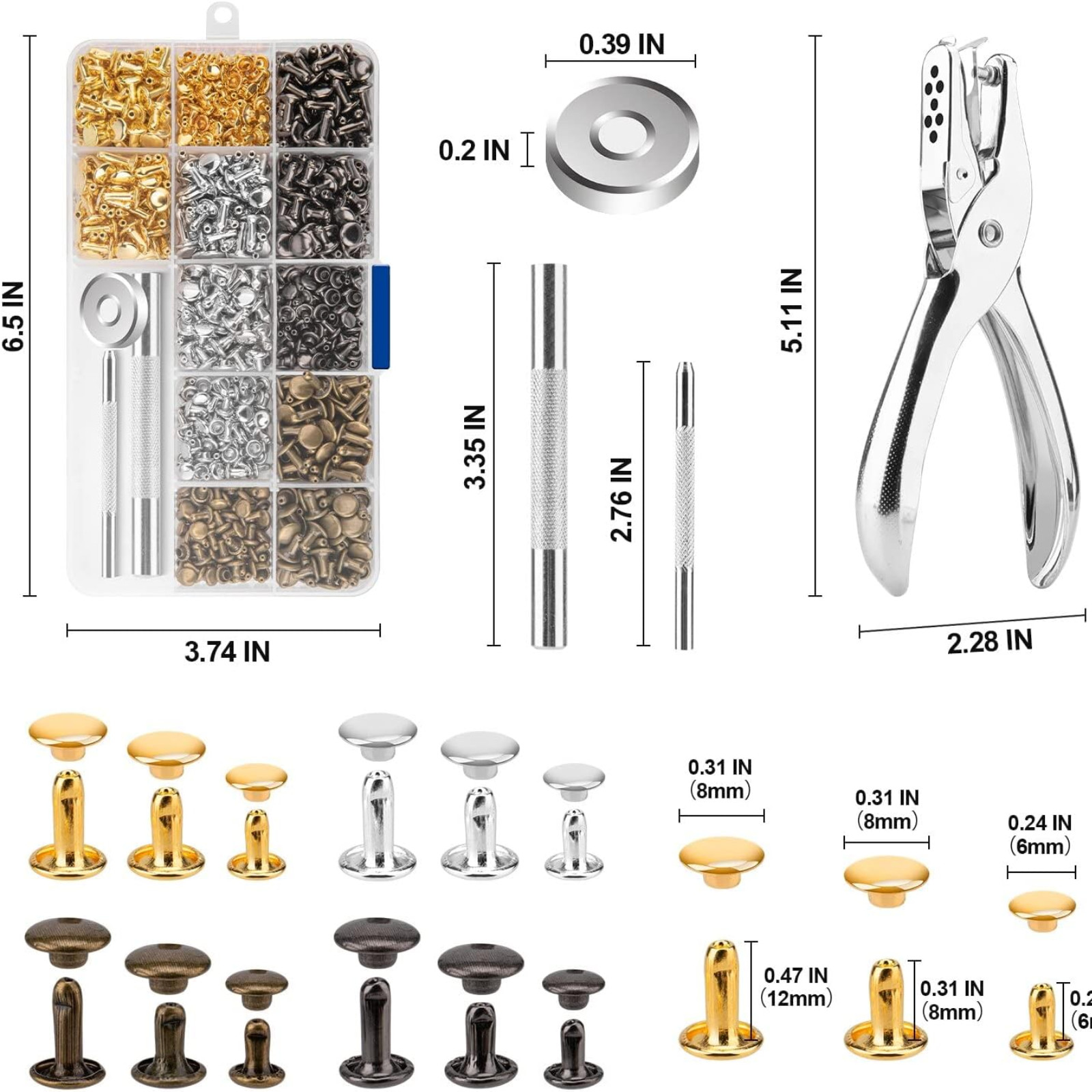 480 Sets Rivets for Leather, 4 Colors 3 Sizes Leather Rivets, Double Cap Rivets