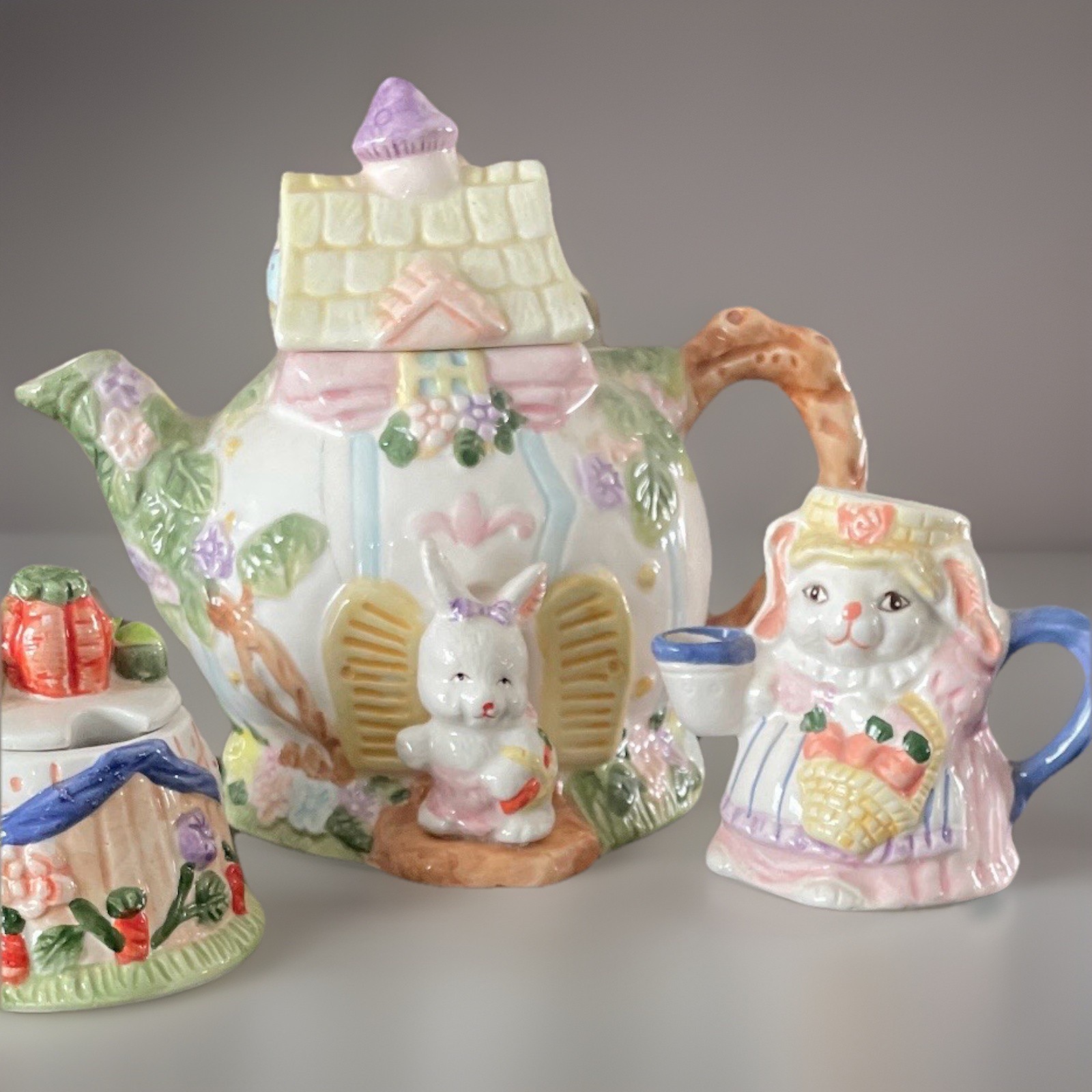 Vintage 1994 Mercuries Bunnies in the Garden Ceramic Tea Set - 10 Piece Easter