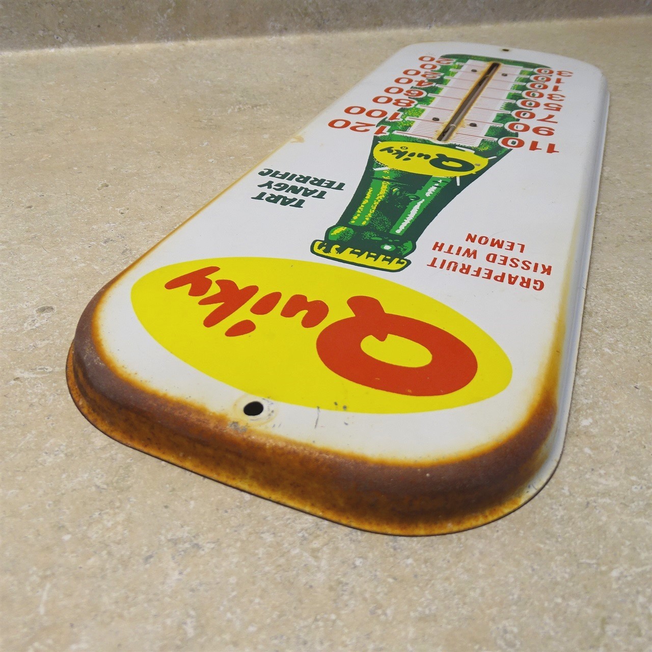 Vintage Quiky Lemon Thermometer Soda Pop, Original Metal, 16" Tombstone