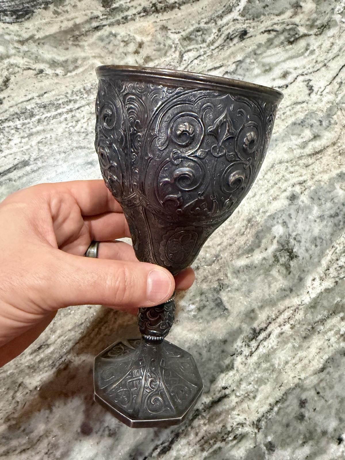 Ornate Goblet Chalice Coin Silver (?) 1871 Inscribed