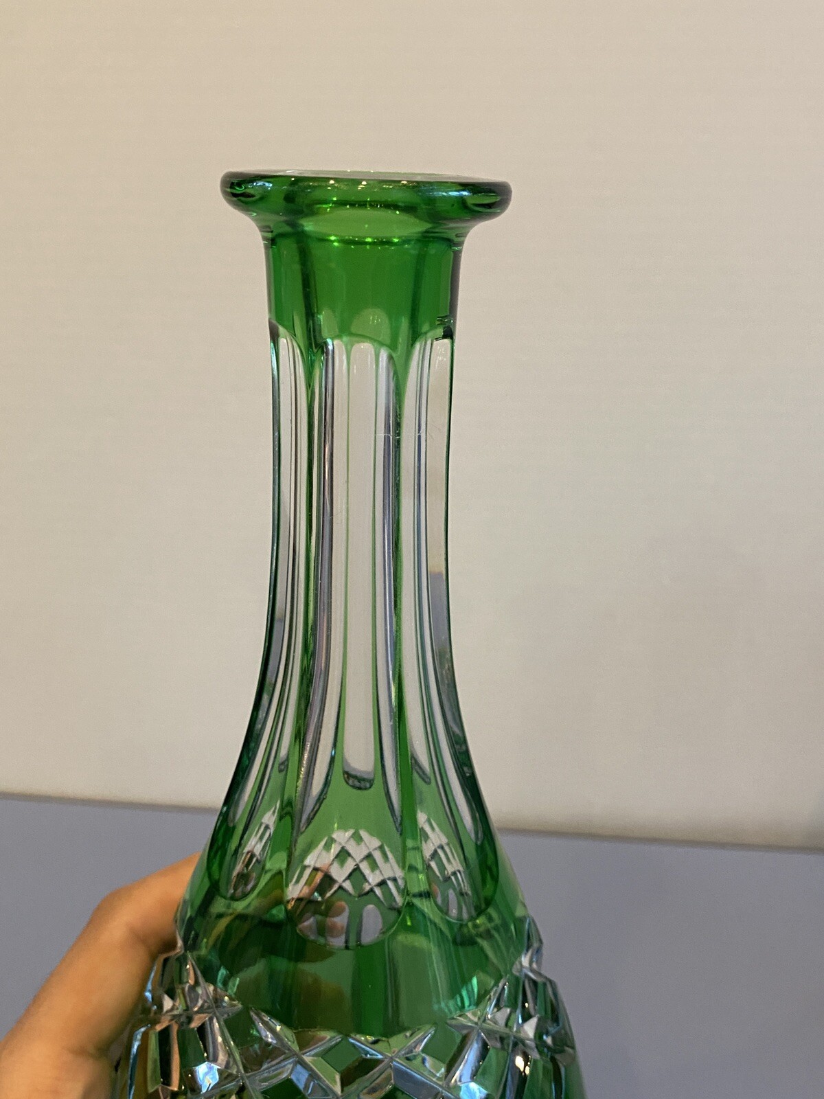 STUNNING VTG Emerald Green Cut To Clear Crystal Decanter W/Stopper 15.25"H