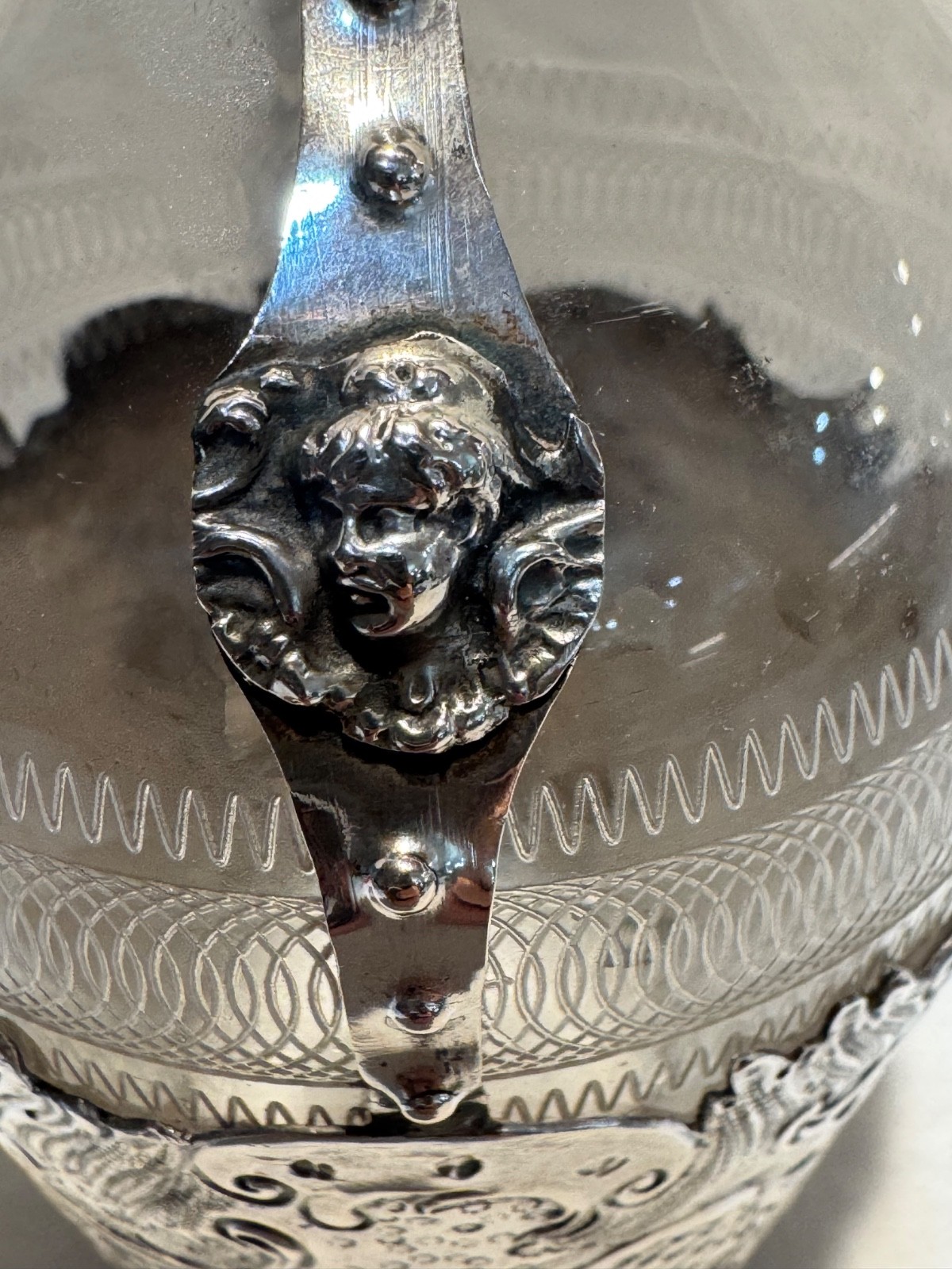 Antigue German 800 Silver Crescent & Crown Claret Jug Cut Glass Rococo c.1890