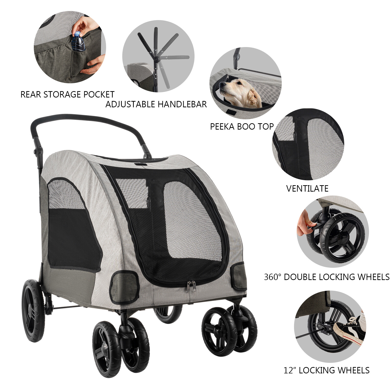 Pet Stroller Up to 150lbs for Medium/Large Dogs and Cats 4-Wheel Travel Carriage