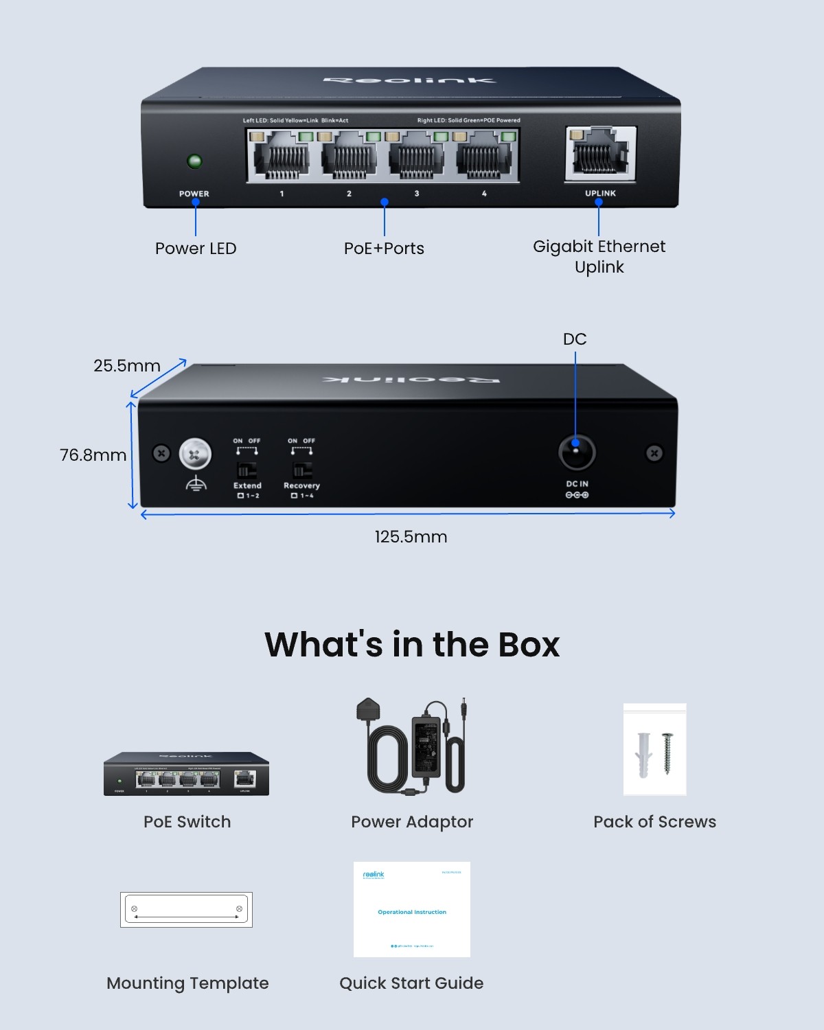 Reolink RLA-PS1E 5-Port Gigabit PoE Switch with 65W Power Budget