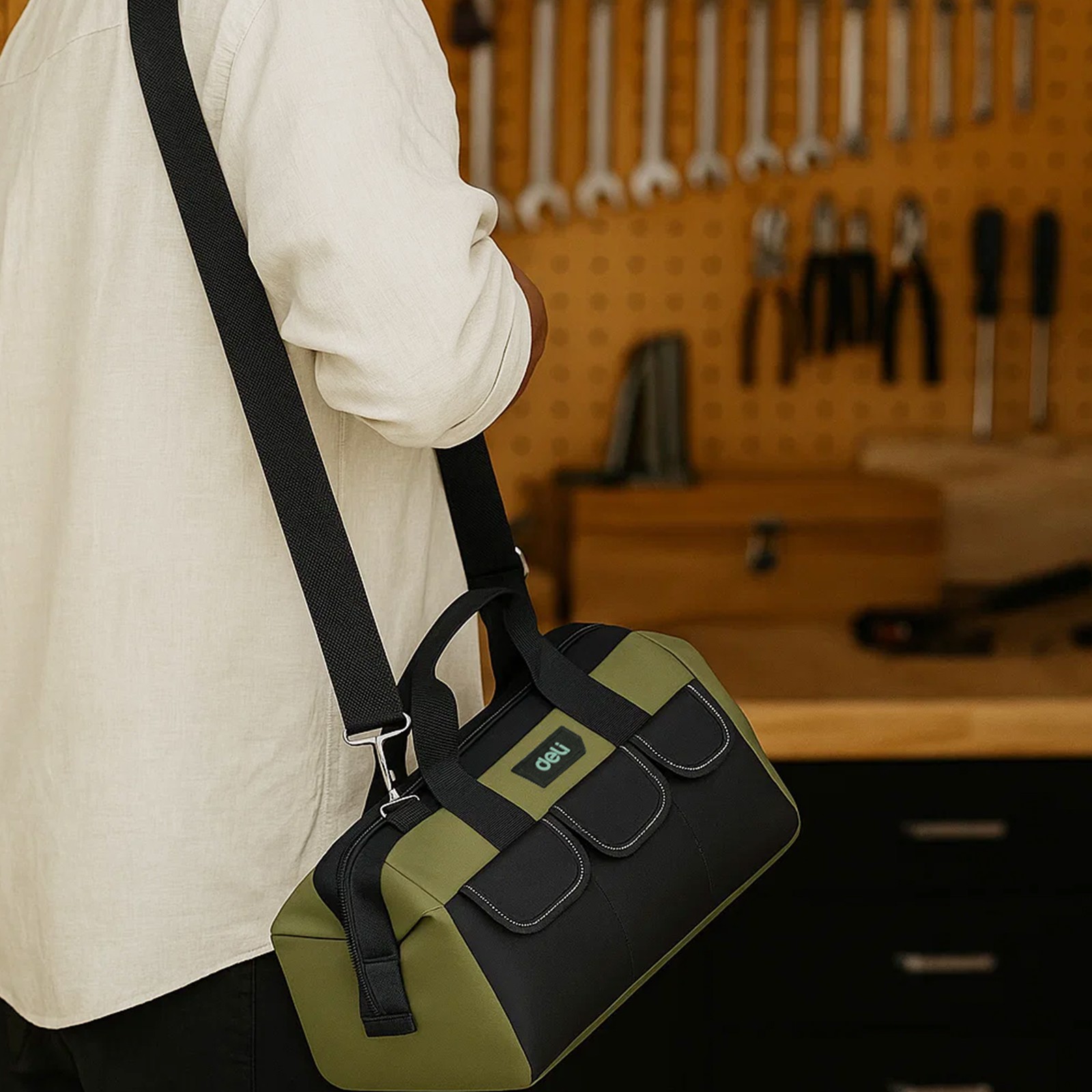 Deli 13 Inch Heavy Duty Contractor Tool Bag with Pockets Adjustable Strap, Red