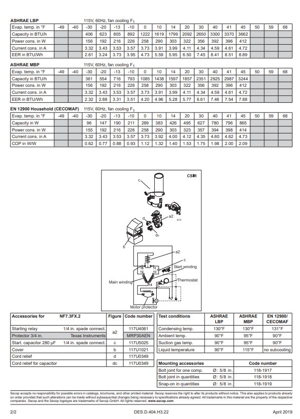 Secop NF7.3FX.2 R134a Refrigeration Compressor 894 BTU LBP 3341 BTU HBP 115V
