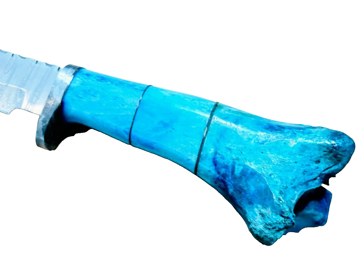Blue Stag Bone Handle Damascus Fixed Blade Knife, Custom Made