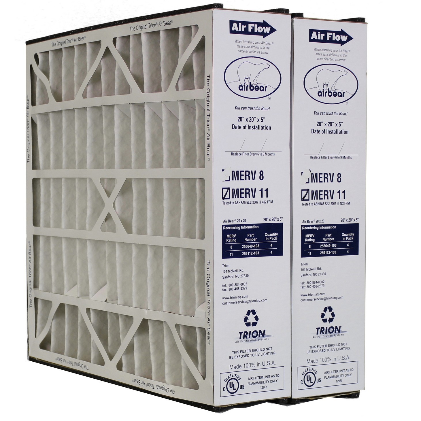 Trion Air Bear 259112-103 (2 Pack) Pleated Furnace Air Filter 20"x20"X5" MERV 11