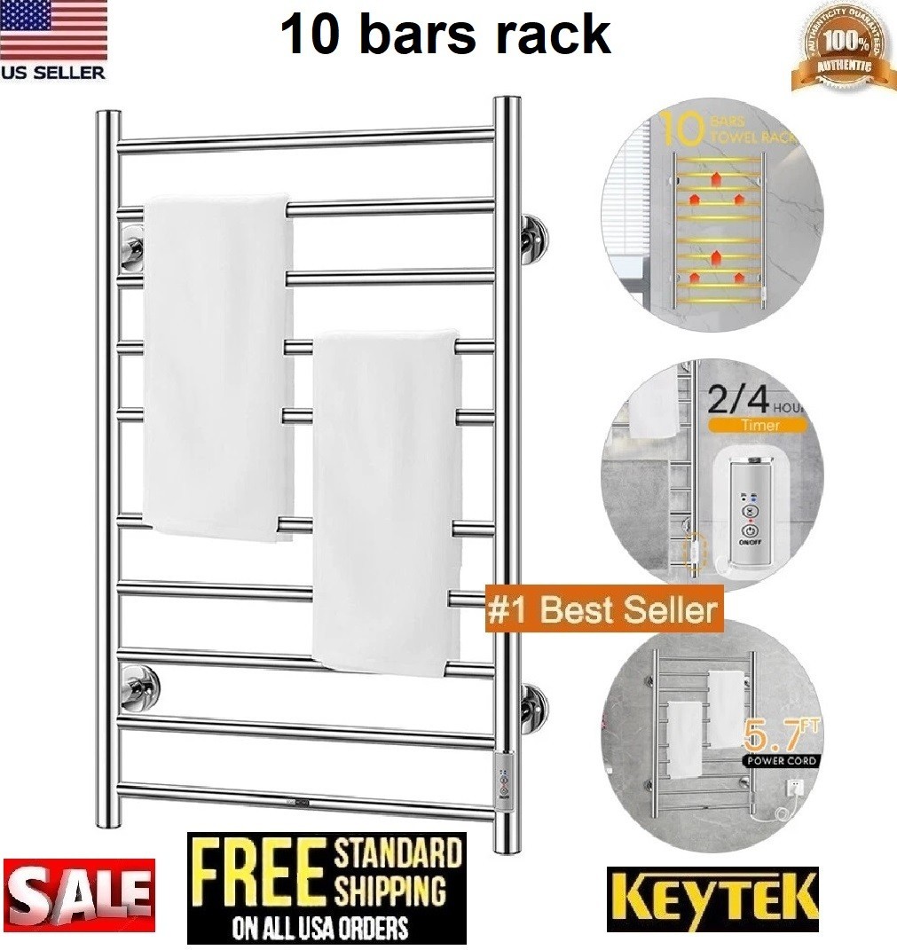 Electric Heated rack towel Warmer 10 Stainless Steel Bars Drying Bathroom silver