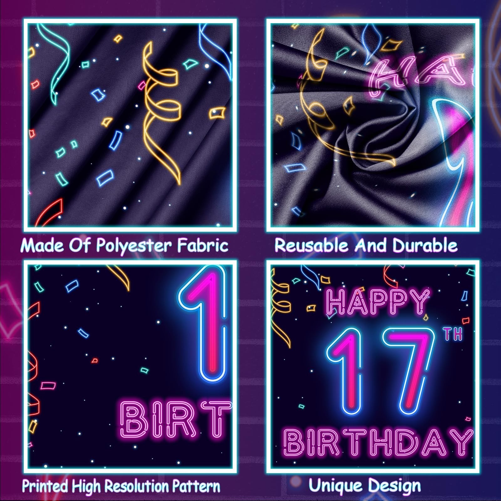 17th Neon Birthday Banner Backdrop, 17 Years Birthday Party Banner Let Glow P...