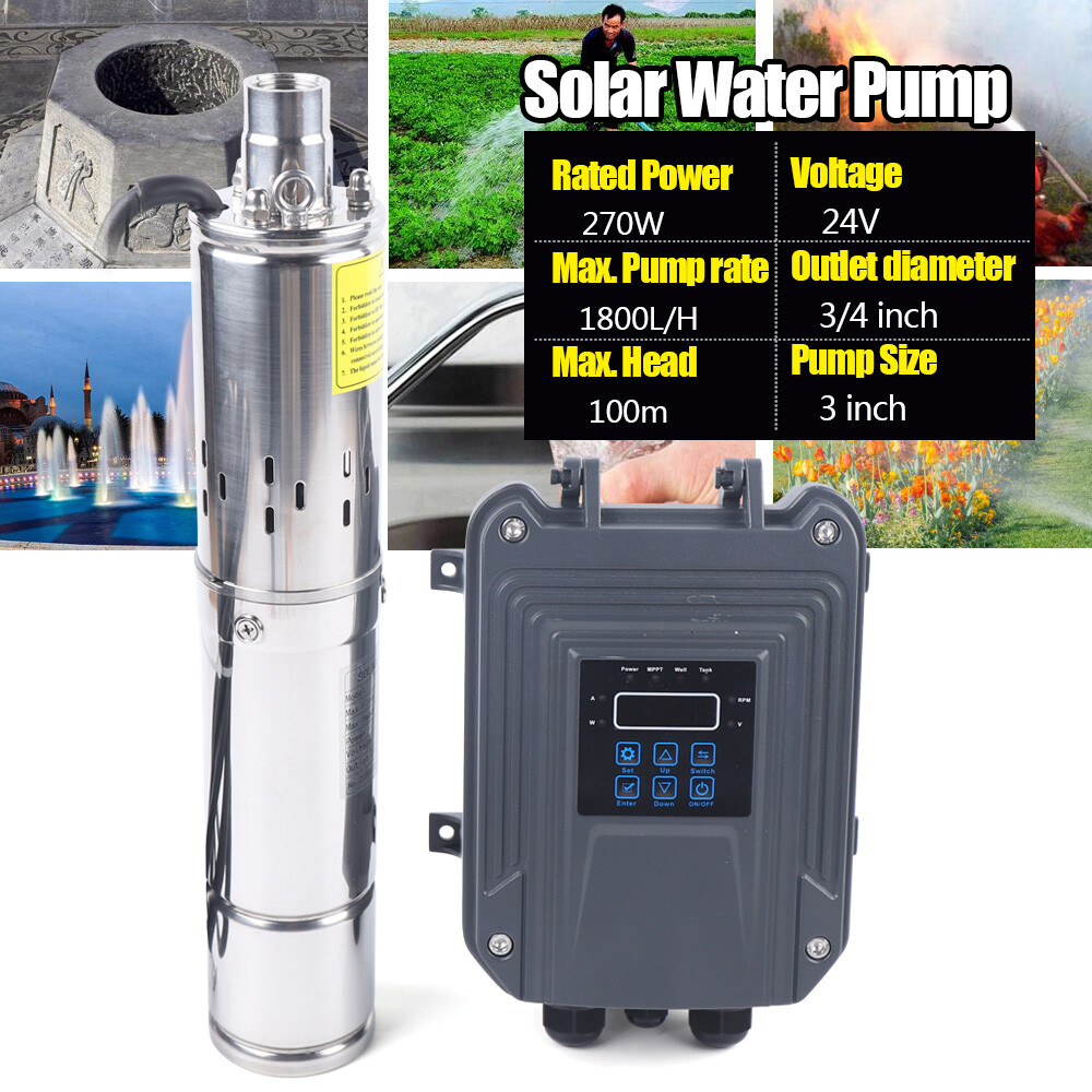 3in 24V DC Deep Well Solar Water Pump Submersible Max Head 100m/ 328ft+MPPT 270W